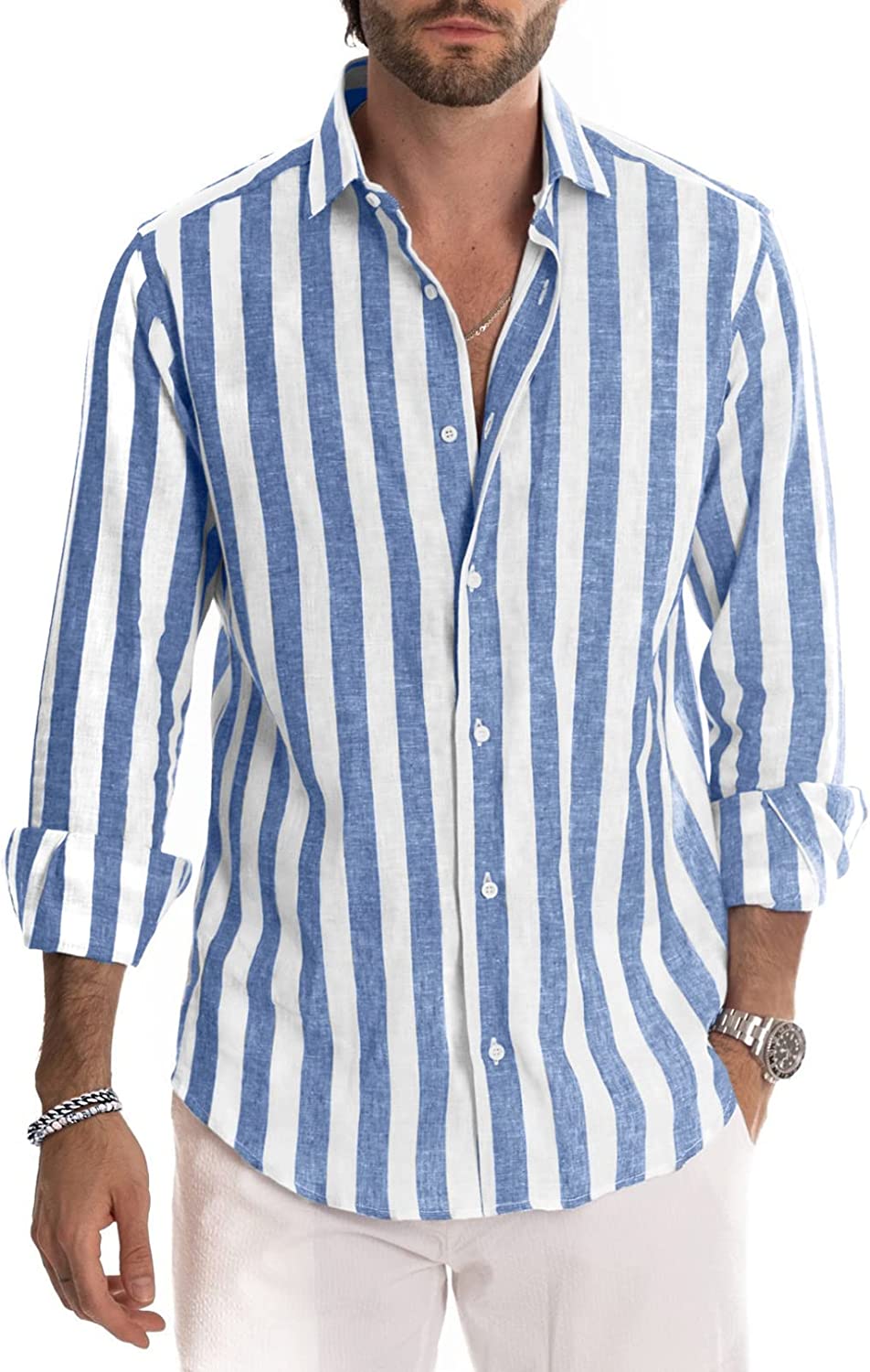 JMIERR Men's Casual Long Sleeve Button-Down Shirts Striped Dress Shirts Cotton Shirt