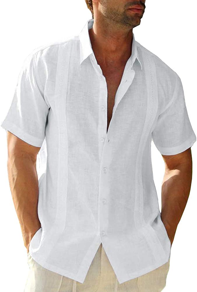 Men's Guayabera Shirts Casual Button Down Short Sleeve Linen Cotton Cuban Camp Beach Collared Solid Shirt Tops
