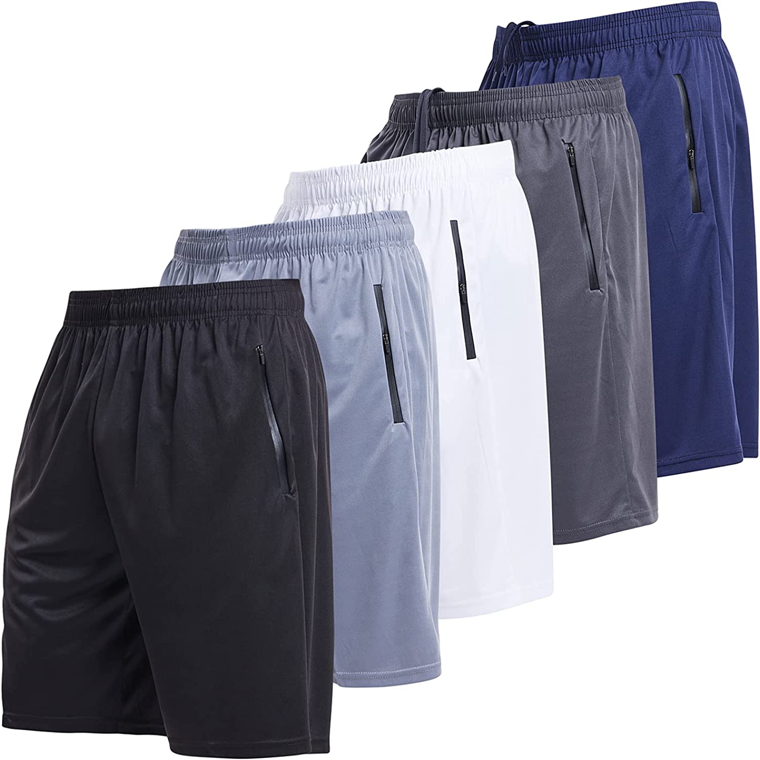 Mens Athletic Running Shorts Dry Fit Active Shorts with Zippered Pockets 5 Pack