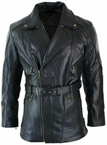 Men's Classic Black Belt Biker Long Faux Leather Motorcycle Jacket/Coat