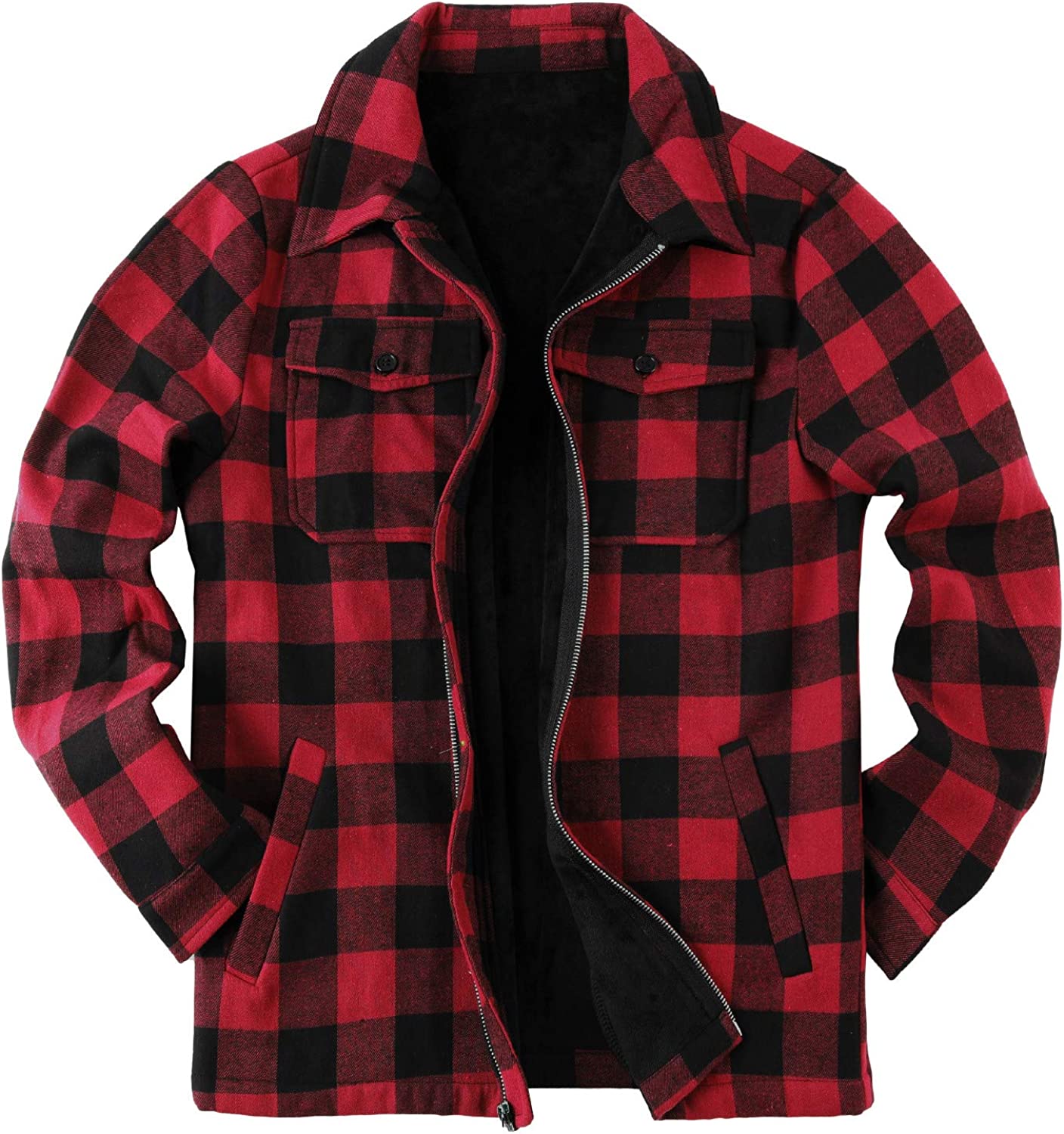 Mens Fleece Jacket Sherpa Lined Zip Up Buffalo Plaid Flannel Coat Casual Long Sleeve Warm Fall Winter Outwear