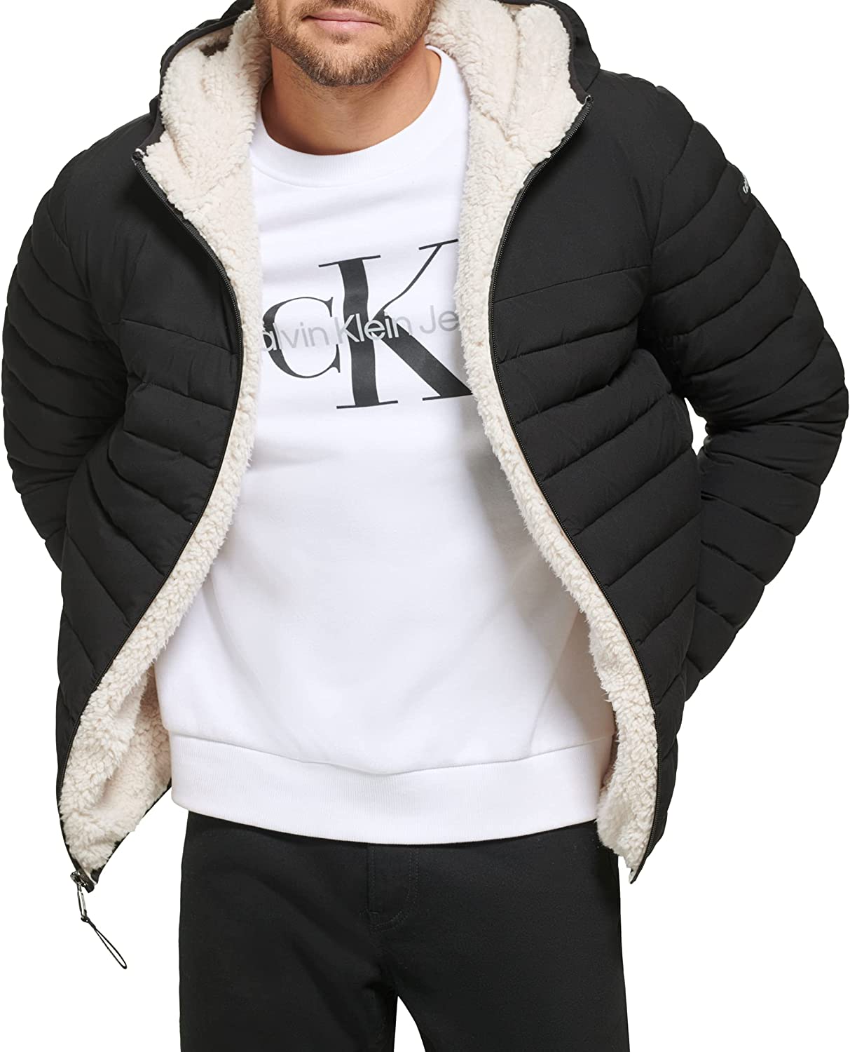 Calvin Klein Men's Hooded Down Jacket, Quilted Coat, Sherpa Lined