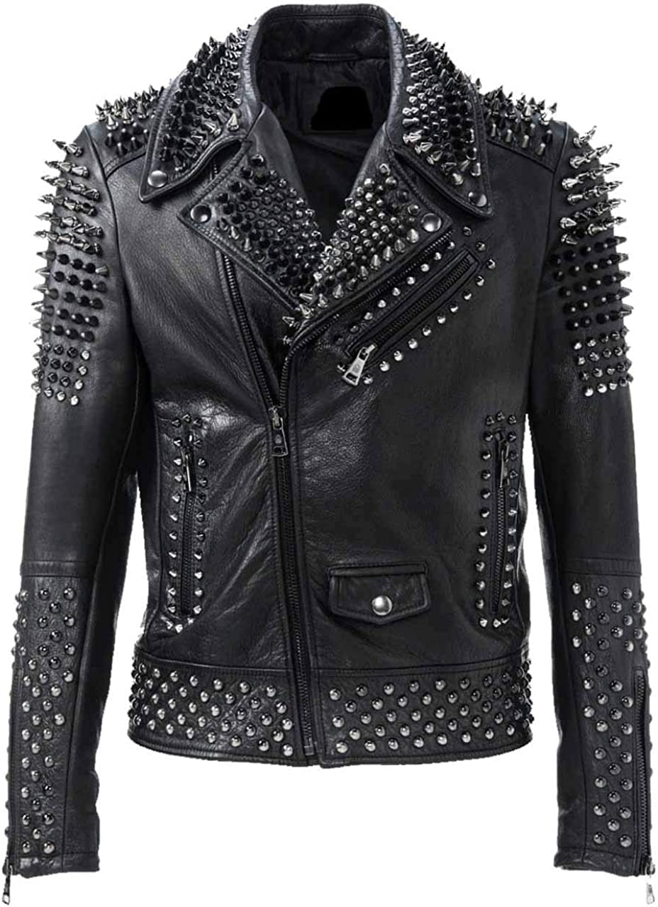 Mens Brando Motorbike Rock Punk Spike Studded Motorcycle Biker Leather Jacket