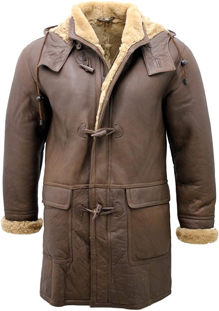 Infinity Men's Brown Sheepskin Leather Detachable Hood Duffle Coat