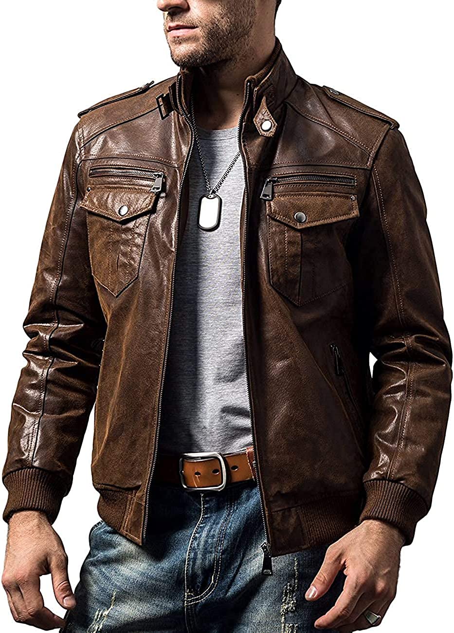 FLAVOR Men Biker retro Brown Leather Motorcycle Jacket Genuine Leather jacket