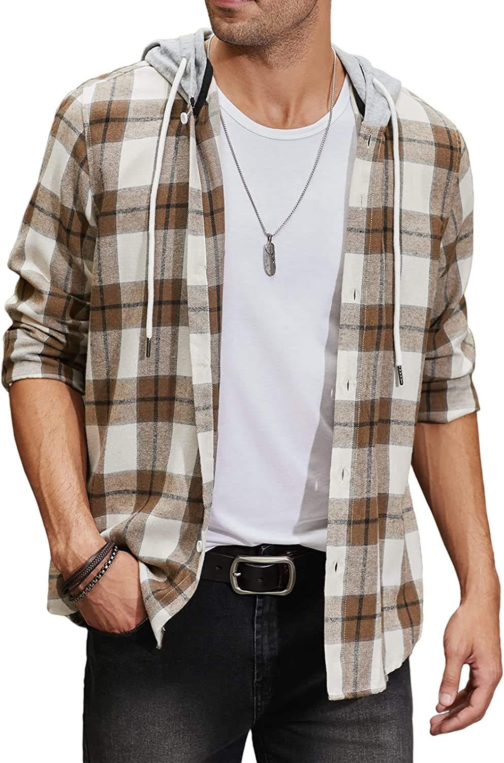 JMIERR Mens Flannel Plaid Hoodie Shirts Casual Button Down Long Sleeve Lightweight Shirt