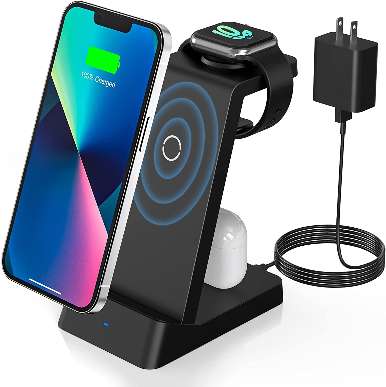 Wireless Charging Station, 18W Fast Wireless Charger Compatible with iPhone 13/12/11/Pro/SE/XS/XR/X/8 Plus/8, 3 in 1 Wireless Charging Dock Stand for Apple Watch Series & Airpods (with Adapter)