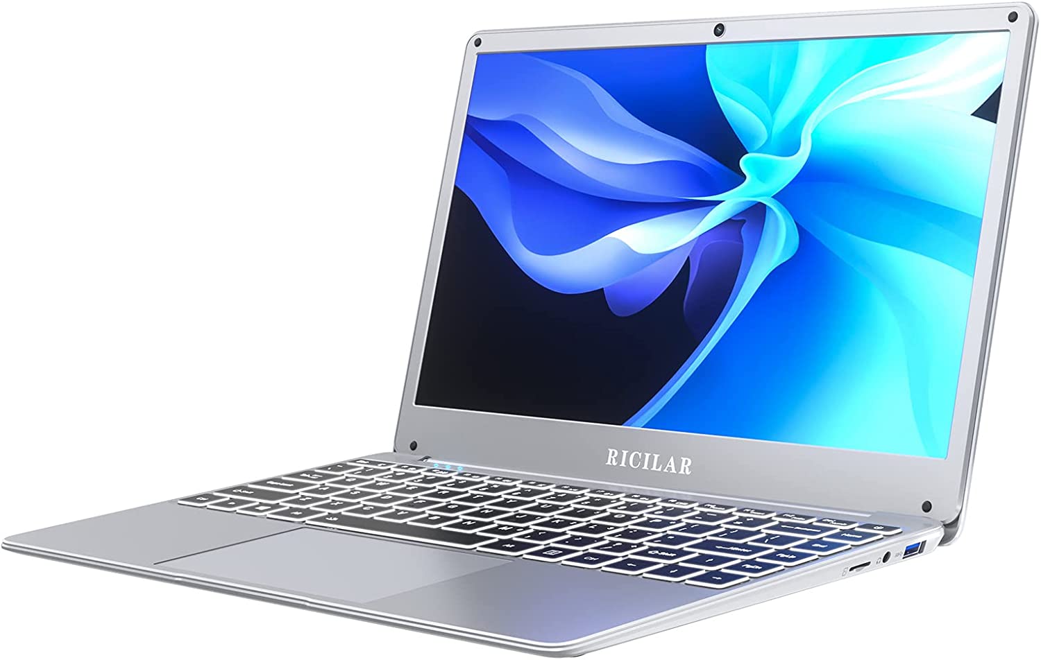 RICILAR Windows 10 Home Laptop, 14.1 Inch HD Display, Intel Celeron N4020, 4GB RAM, 128GB SSD, Backlit Keyboard, Type C, HDMI, Wi-Fi 5, Silver, School Laptop Computer for Students and Business
