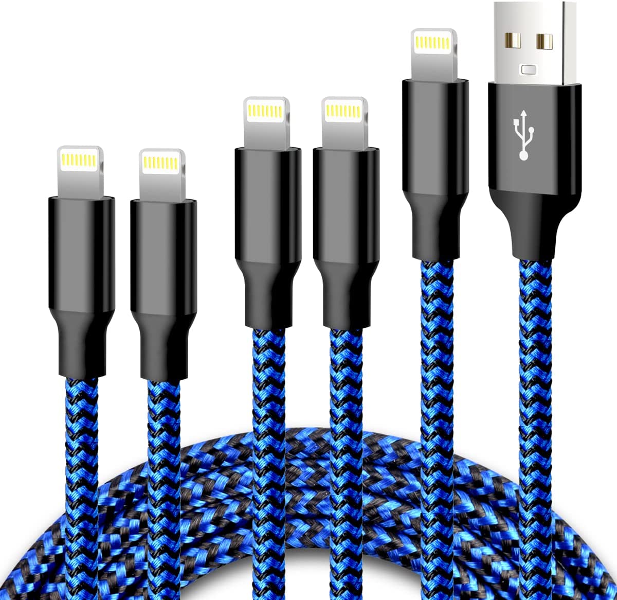 CUGUNU iPhone Charger, 5 Pack 3/3/6/6/10FT Apple MFi Certified USB Lightning Cable Nylon Braided Fast Charging Cord Compatible for iPhone 13/12/11/X/Max/8/7/6/6S/5/5S/SE/Plus/iPad - Black Blue