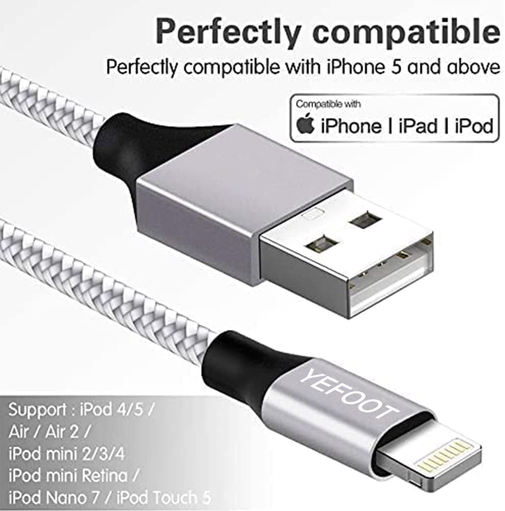 5Pack(3/3/6/6/10FT) [Apple MFi Certified] iPhone Charger Lightning Cable Compatible iPhone 13Pro/13/12Pro Max/12Pro/12/11/Pro/Xs and More-Silver&White
