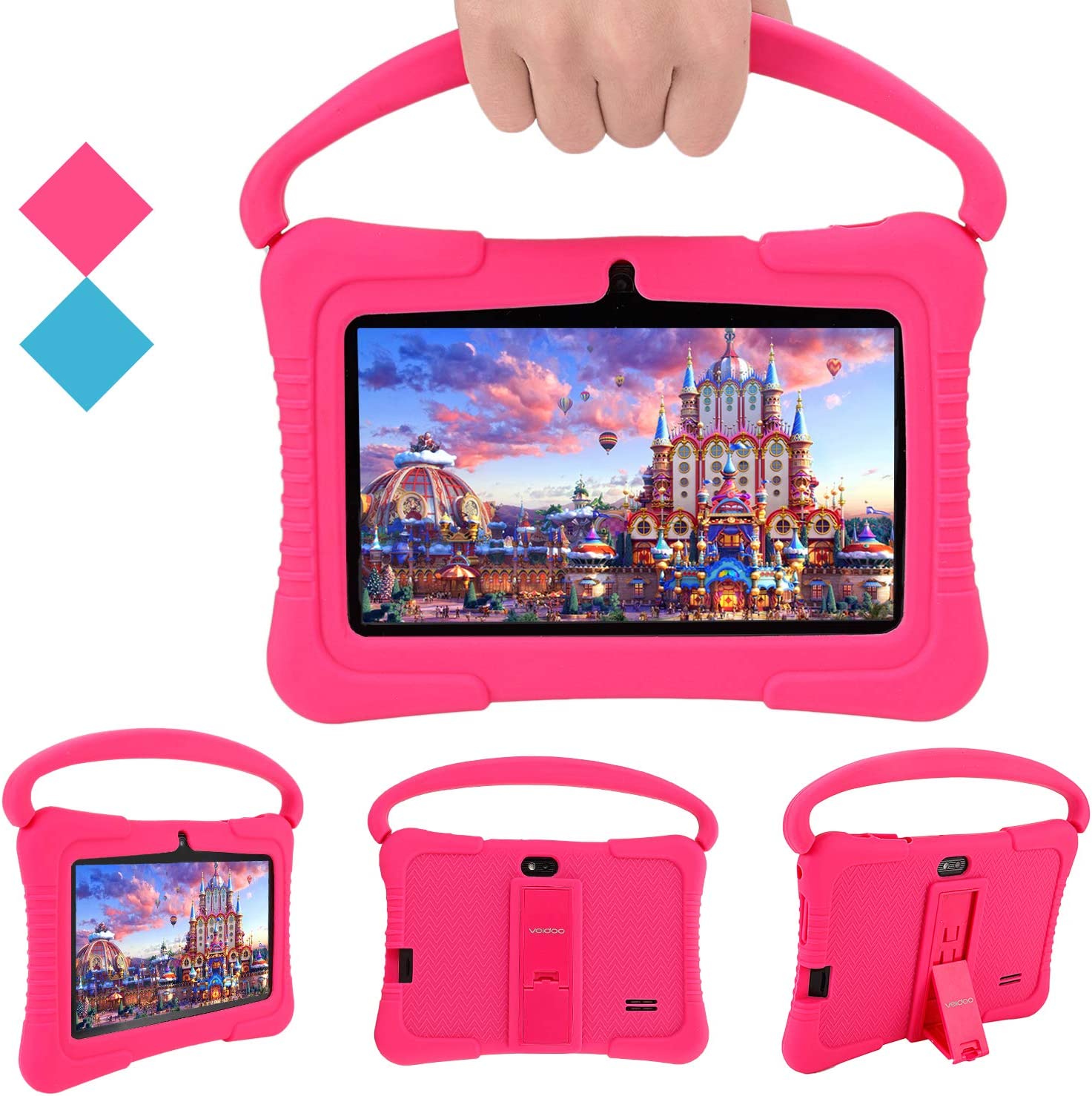 Kids Tablet, Veidoo 7 inch Android Tablet PC, 1GB RAM 16GB ROM, Safety Eye Protection Screen, WiFi, Bluetooth, Dual Camera, Educational, Games, Parental Control APP, Tablet with Silicone Case (Pink)