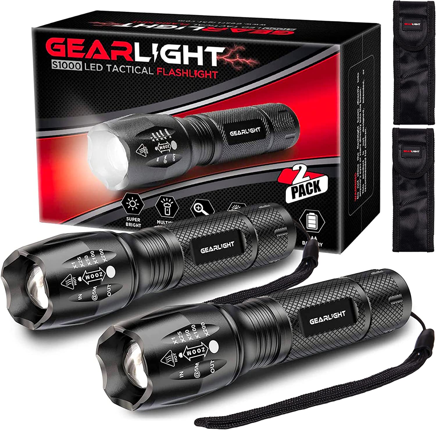 GearLight LED Flashlight Pack -2 Bright, Zoomable Tactical Flashlights with High Lumens and 5 Modes for Emergency and Outdoor Use -Camping Accessories -S1000