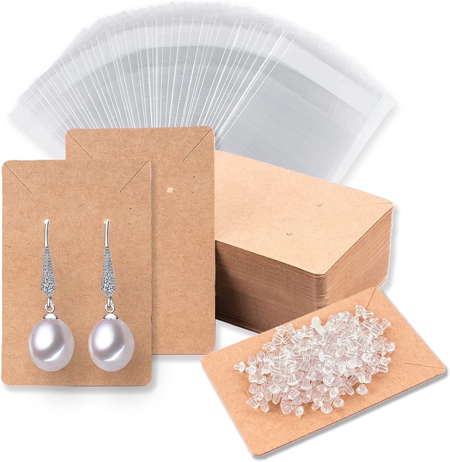 Earring Cards for Selling Including 120 Pcs Earring Holder Cards, 120 Earring Packaging and 240 Pcs Earring Backs, for Earrings/Necklace/Jewelry Display, Jewelry Packaging 3.5x2.4 Inches (Brown)