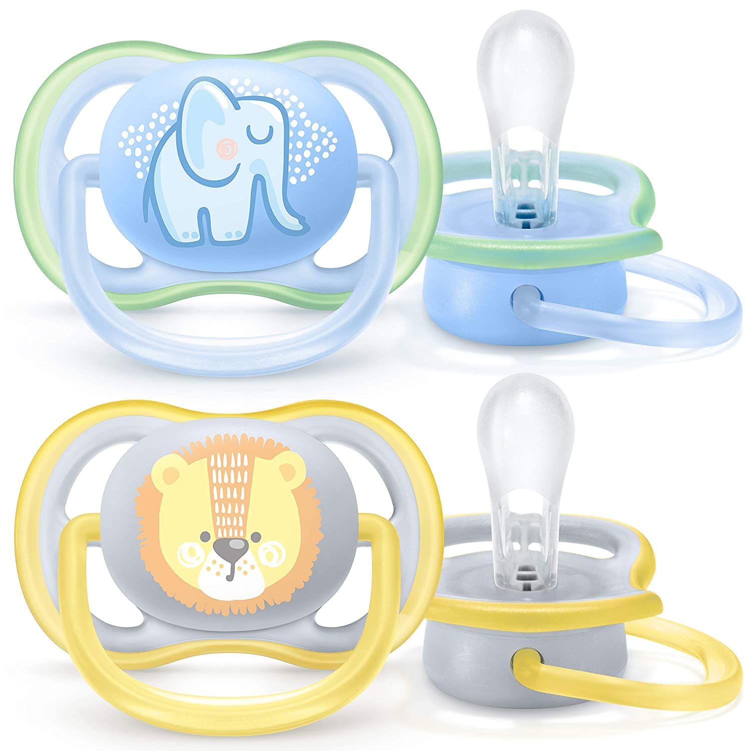 Philips AVENT Ultra Air Pacifier, 0-6 Months, Elephant,Lion, 4 Pack, SCF085/07