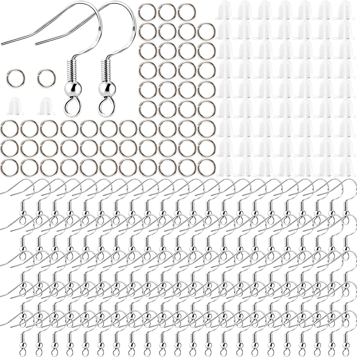 Hypoallergenic Earring Hooks, 300Pcs Earring Making Kit with Hypoallergenic Earring Hooks, Jump Rings and Clear Rubber Earring Backs for DIY Jewelry Making(Silver) (01)