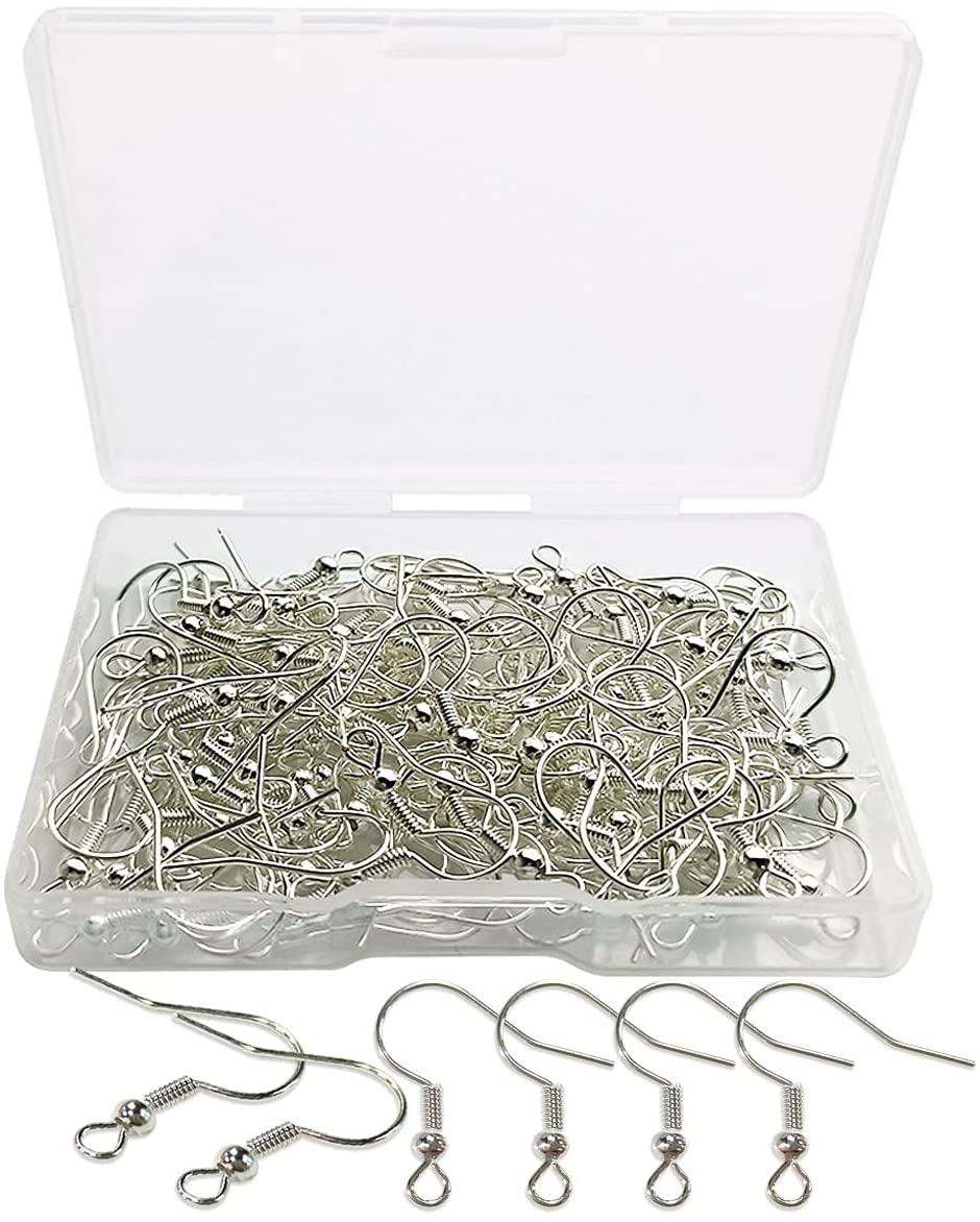 120pcs Earring Hooks with Ball and Coil, Hypo Allergenic Plated Silver Ear Wires with Transparent Storage Box, for DIY Jewelry Making