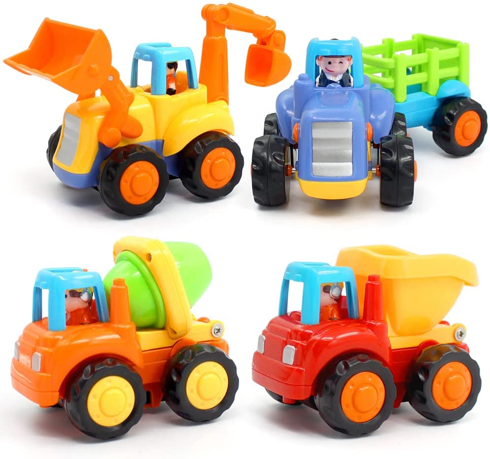 ORWINE Inertia Toy Early Educational Toddler Baby Toy Friction Powered Cars Push and Go Cars Tractor Bulldozer Dumper Cement Mixer Engineering Vehicles Toys for Children Boys Girls Kids Gift 4PCS