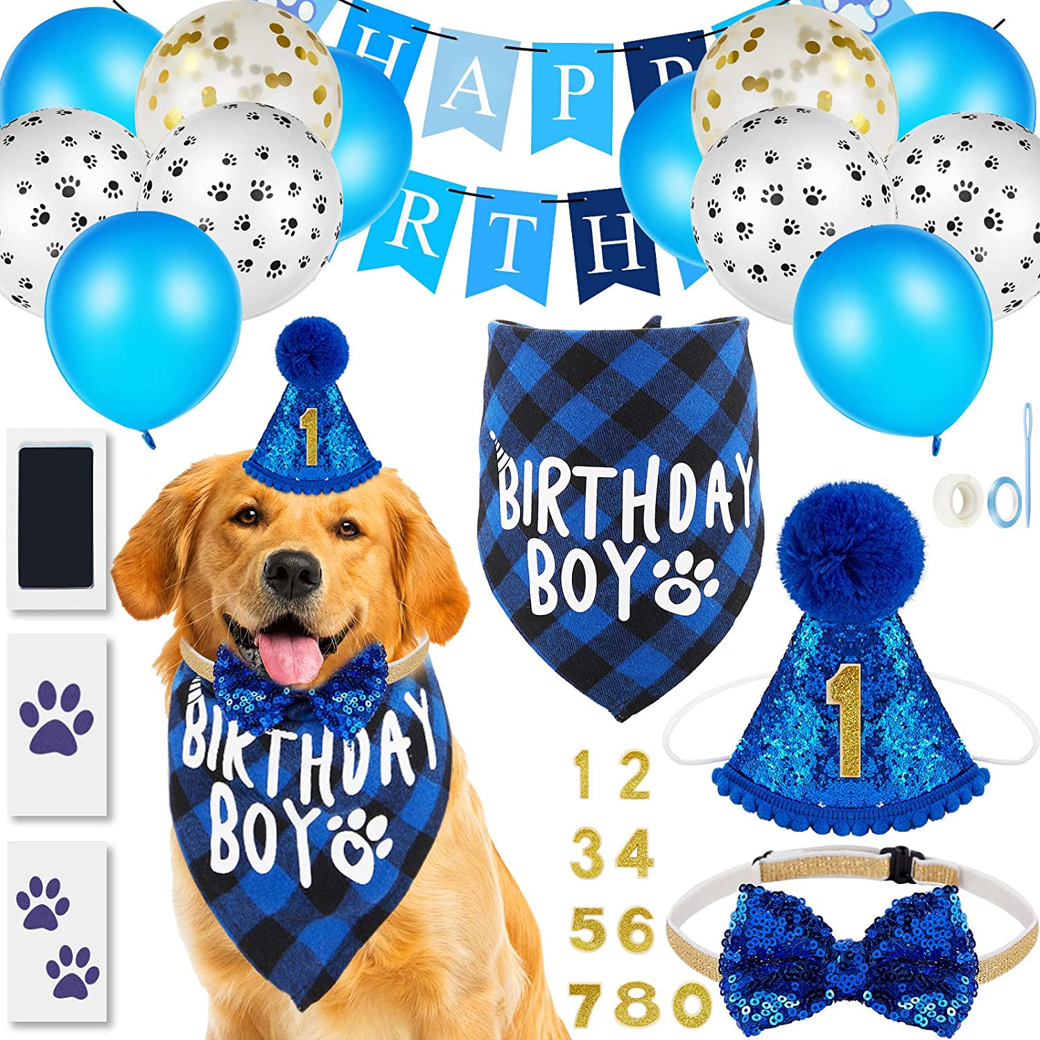 18 Pieces Dog Birthday Party Supplies, Pet Birthday Boy Bandana Dog Birthday Bandana Balloon Banner Pet Birthday Hat with 0-8 Figures Touch Ink Pad and Imprint Cards Dog Birthday Party Decorations