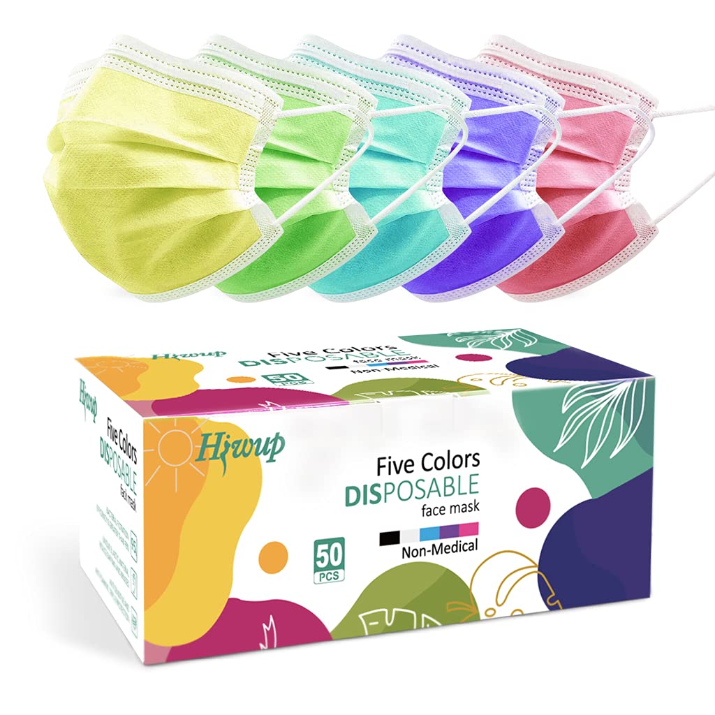 HIWUP Multicolor Disposable Face Masks 50 Pack, Face Mask Suitable For Adults And Teens