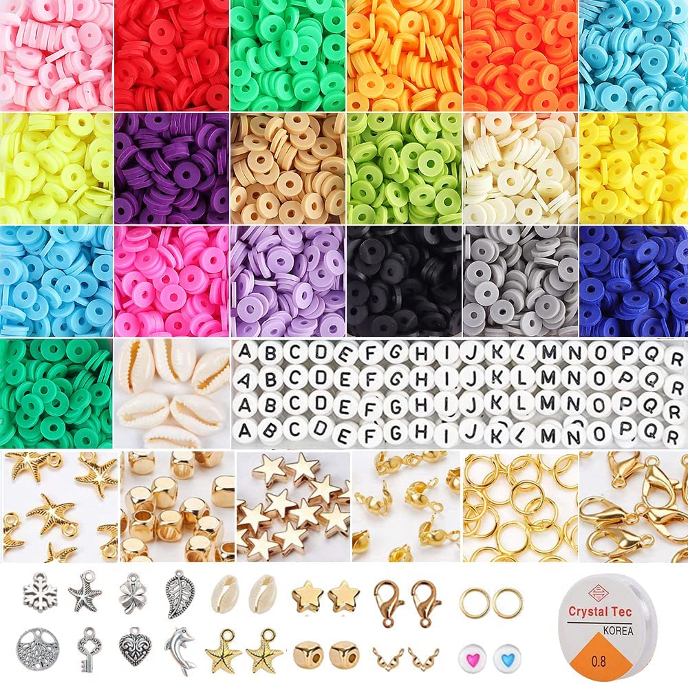 5,100 Pcs Clay Heishi Beads, Flat Round Polymer Clay Beads DIY Jewelry Marking Kit for Bracelets Necklace Earring, Handmade Loose Spacer Ceramic Vinyl Disc Beads DIY Craft Findings, 19 Colors 6mm