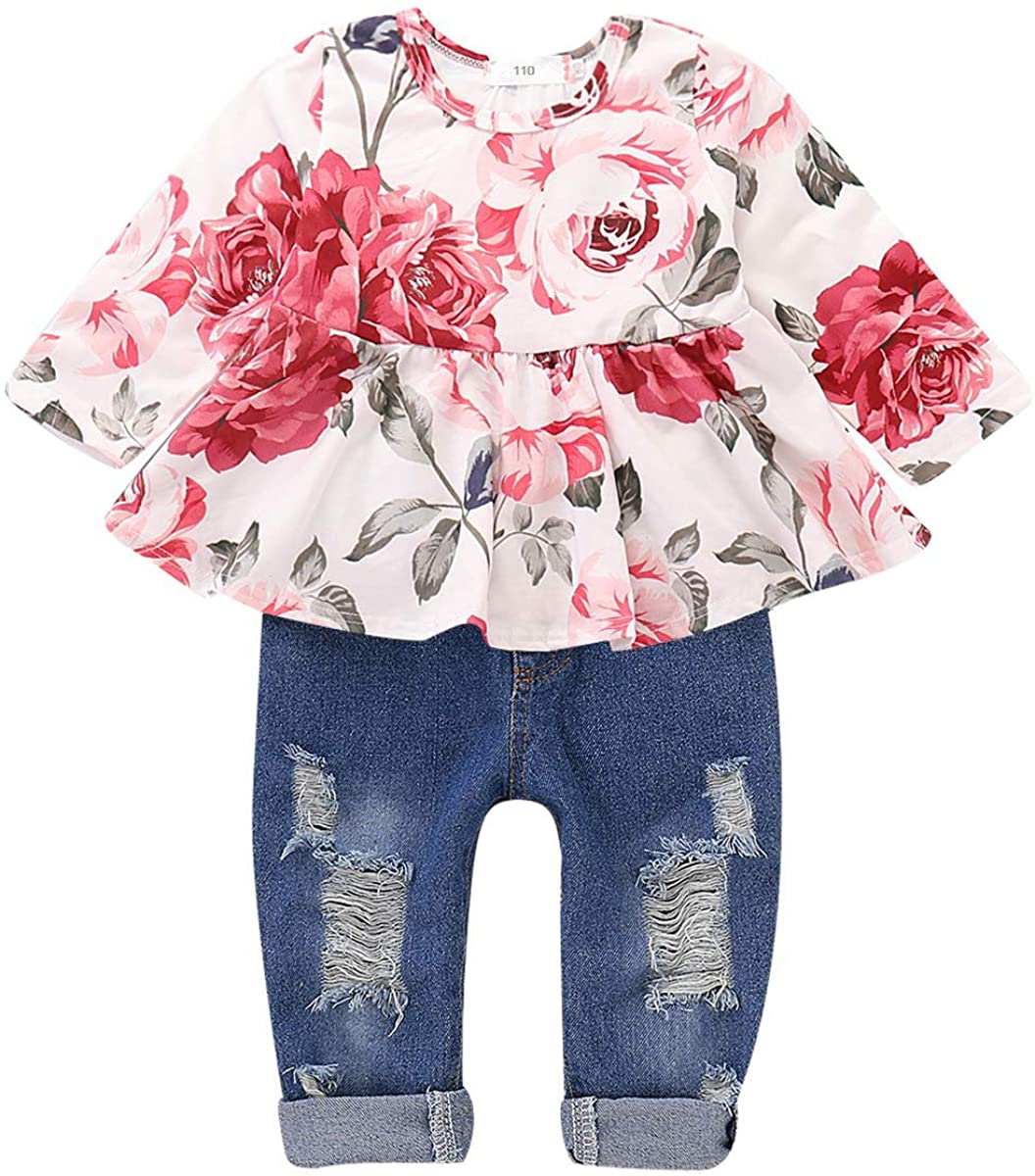 CARETOO Girls Clothes Outfits, Cute Baby Girl Floral Long Sleeve Pant Set Flower Ruffle Top
