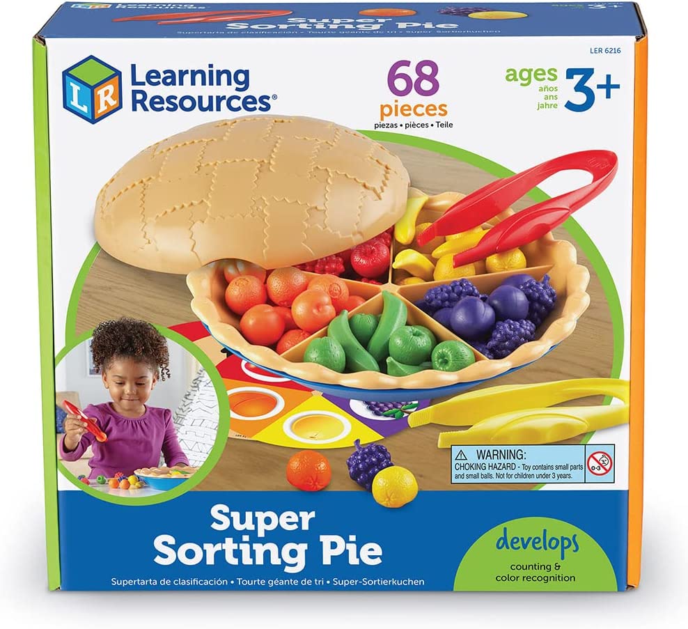 Learning Resources Super Sorting Pie - 68 Pieces, Ages 3+ Toddler Fine Motor Toy, Preschool Learning Games, Develops Counting and Color Recognition, Pretend Play Food, Kids Tweezers