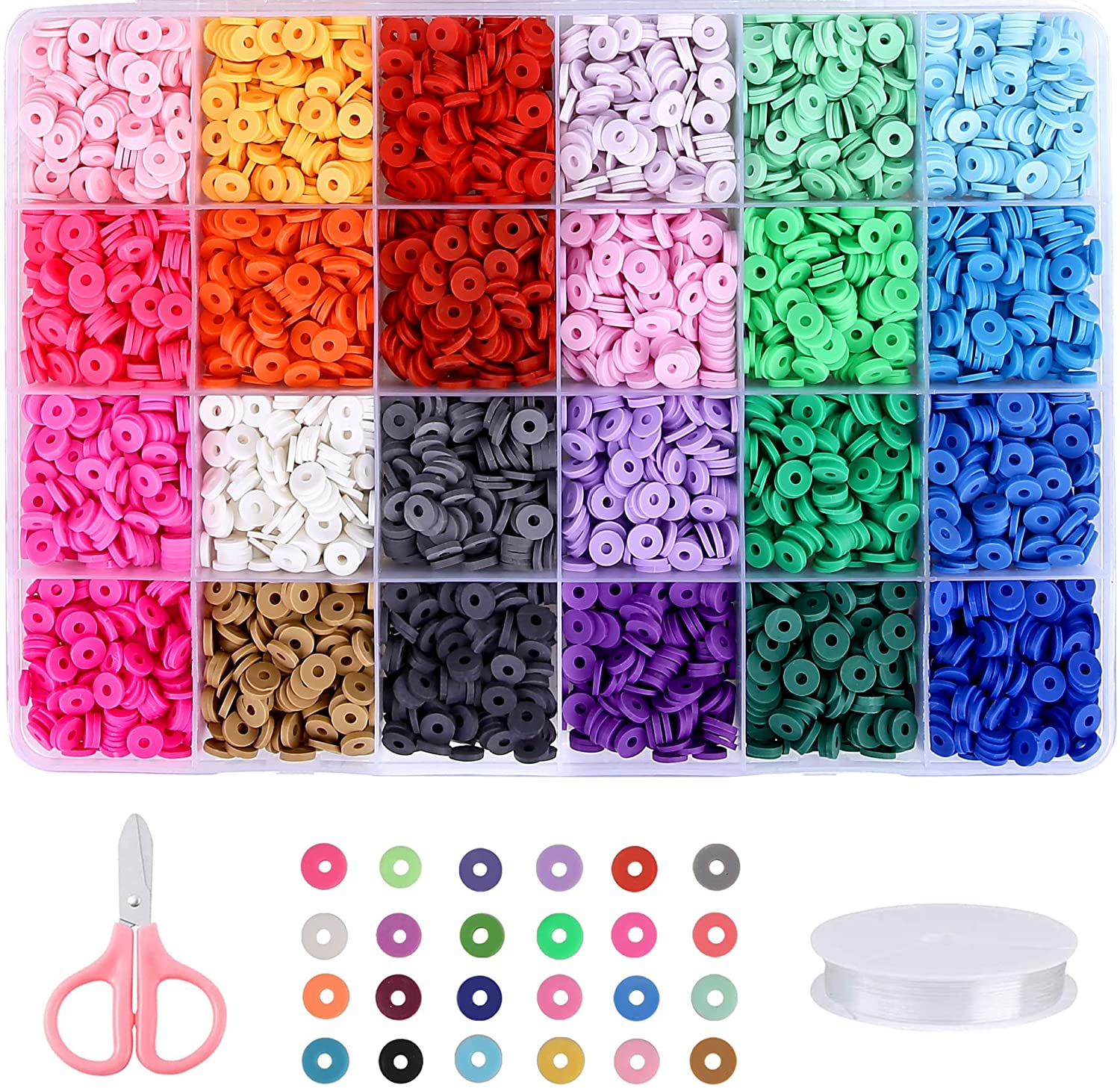 Greentime Clay Beads, 4500pcs Flat Round Spacer Clay Beads Heishi Beads for Bracelets Jewelry Making Kit Earring DIY Crafts for Holiday Gift (24Color 6mm)
