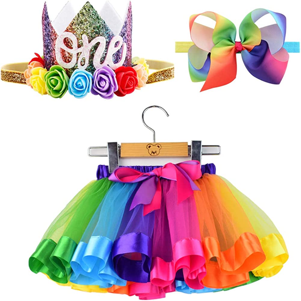 BGFKS Newborn Baby Girls 1st Birthday Photography Outfit Sets Layered Rainbow Tutu Skirt with Hairbow and Crown Headband