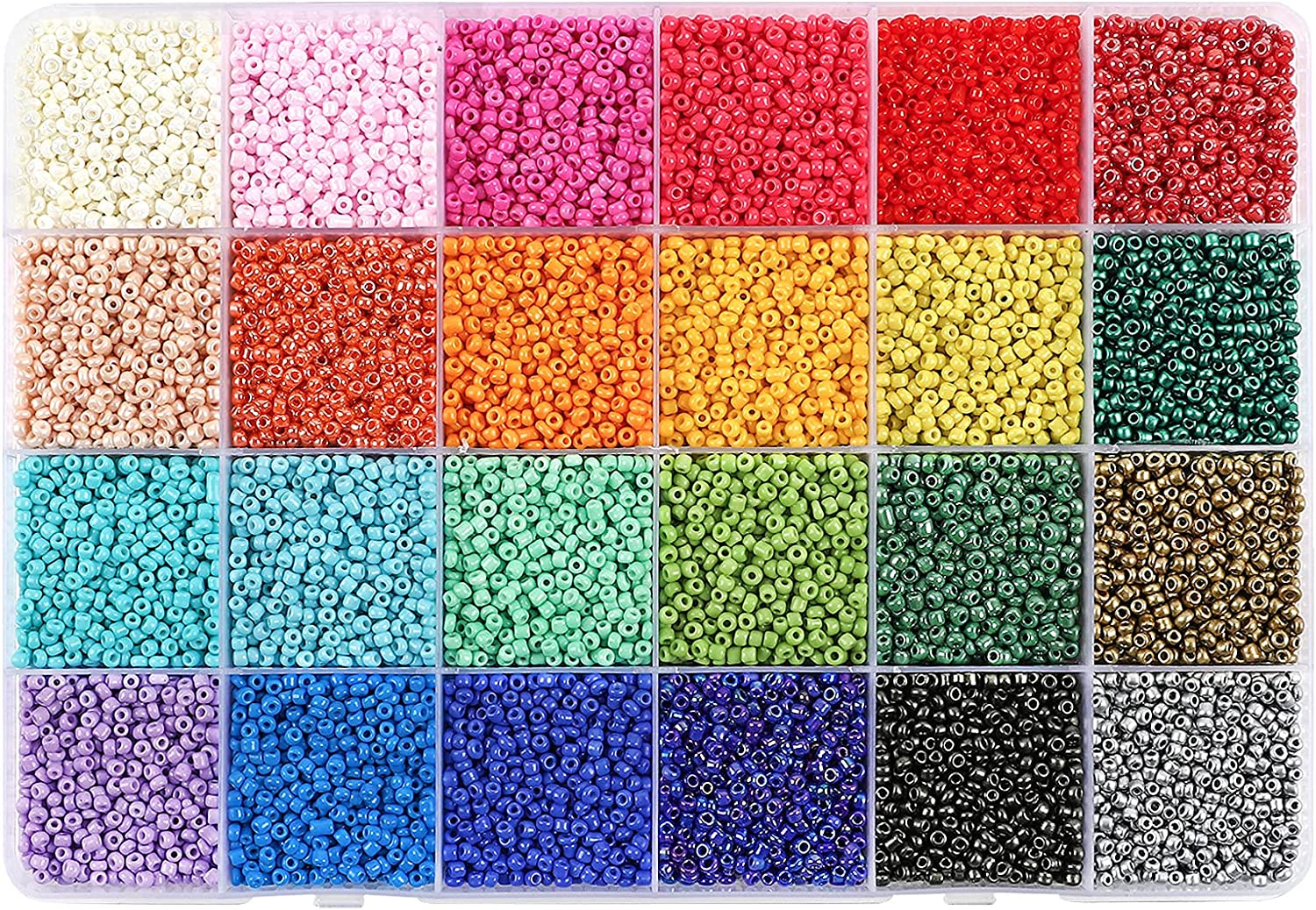 DICOBD 31200pcs 2mm Small Glass Seed Beads, 24 Color Craft Beads for Bracelets Jewelry Making and Crafts, with a Storage Box