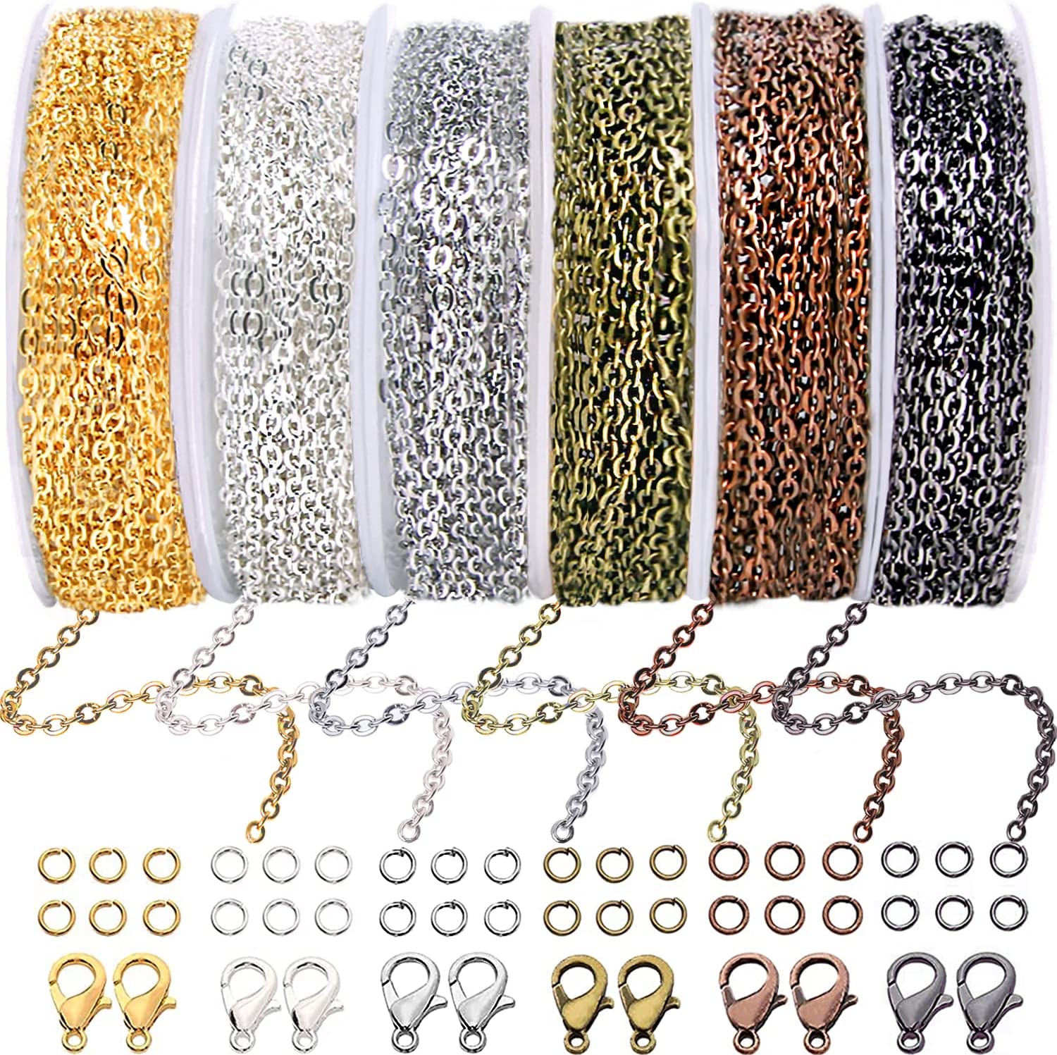 Jishi 60ft Jewelry Making Chains Bulk 2mm Necklace Chains for Jewelry Making Supplies, DIY Craft Earring Bracelet Making Findings, 6-Colors Gold Silver Copper Plated Metal Cable Rolo Link Chain Rolls