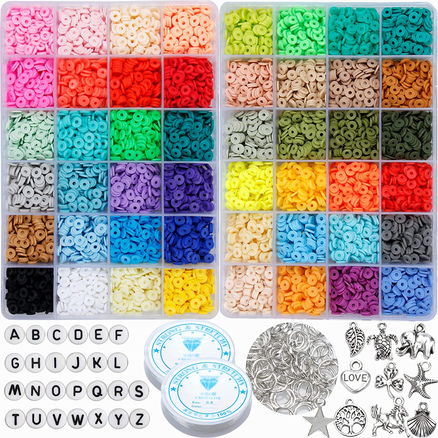 12000 Pcs 48 Color Clay Heishi Beads Kit, Craft for Girls, Including Clay Beads, Letter Beads, Pendant, Jump Rings and Elastic Cords for DIY Jewelry Making Bracelets Necklace Earring Making Supplies