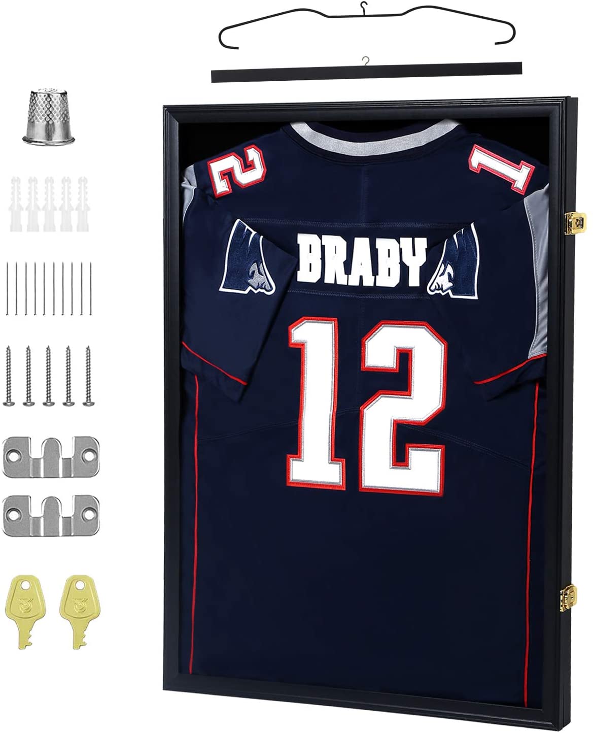 IHEIPYE Jersey Display Frame Case Lockable, Large Sport Jersey Shadow Box with 98% UV Protection Acrylic and Hanger for Baseball Basketball Football Soccer Hockey Sport Shirt and Uniform,Black