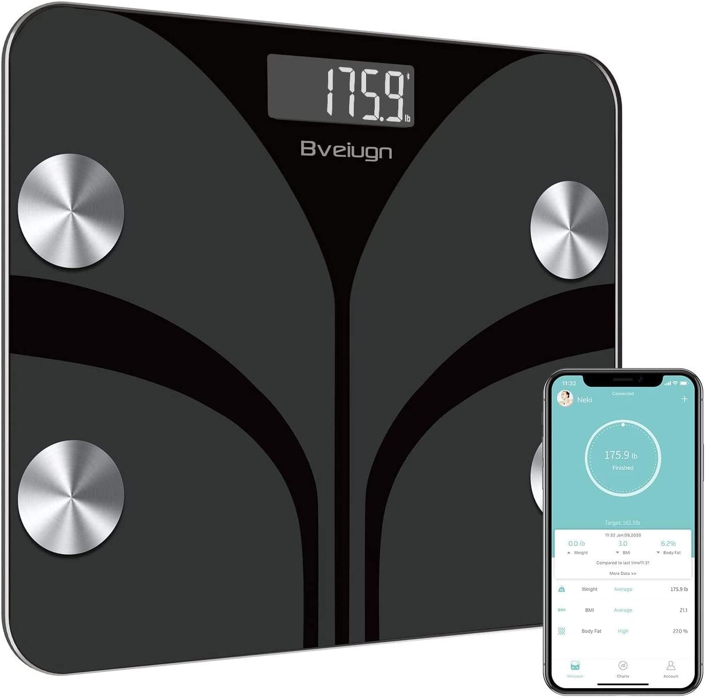 Posture Body Fat Scale, Bveiugn Smart Scale for Body Weight BMI Digital Bathroom Wireless Scales, Body Composition Analyzer with Health Monitor Sync Apps, 400 lbs - Black