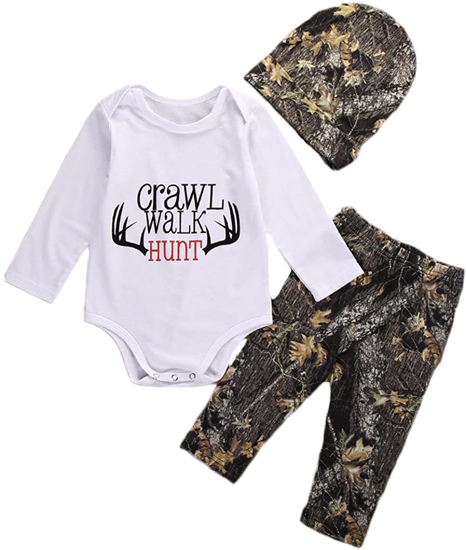 Newborn Baby Boys Long Sleeve Letters Deer Romper Bodysuit Pants Hat Outfit Clothes Set
