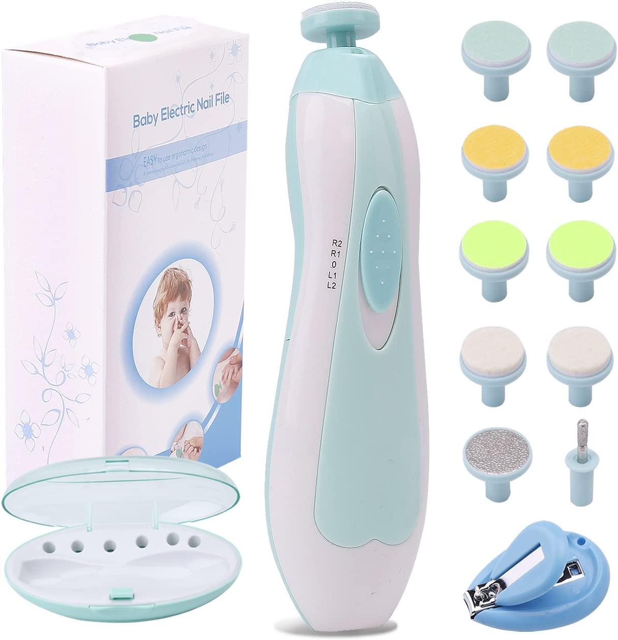 Baby Nail File Electric Nail Trimmer Manicure Set with Nail Clippers, Toes Fingernails Care Trim Polish Grooming Kit Safe for Infant Toddler Kids or Women, LED Light and 10 Grinding Heads (White/Teal)