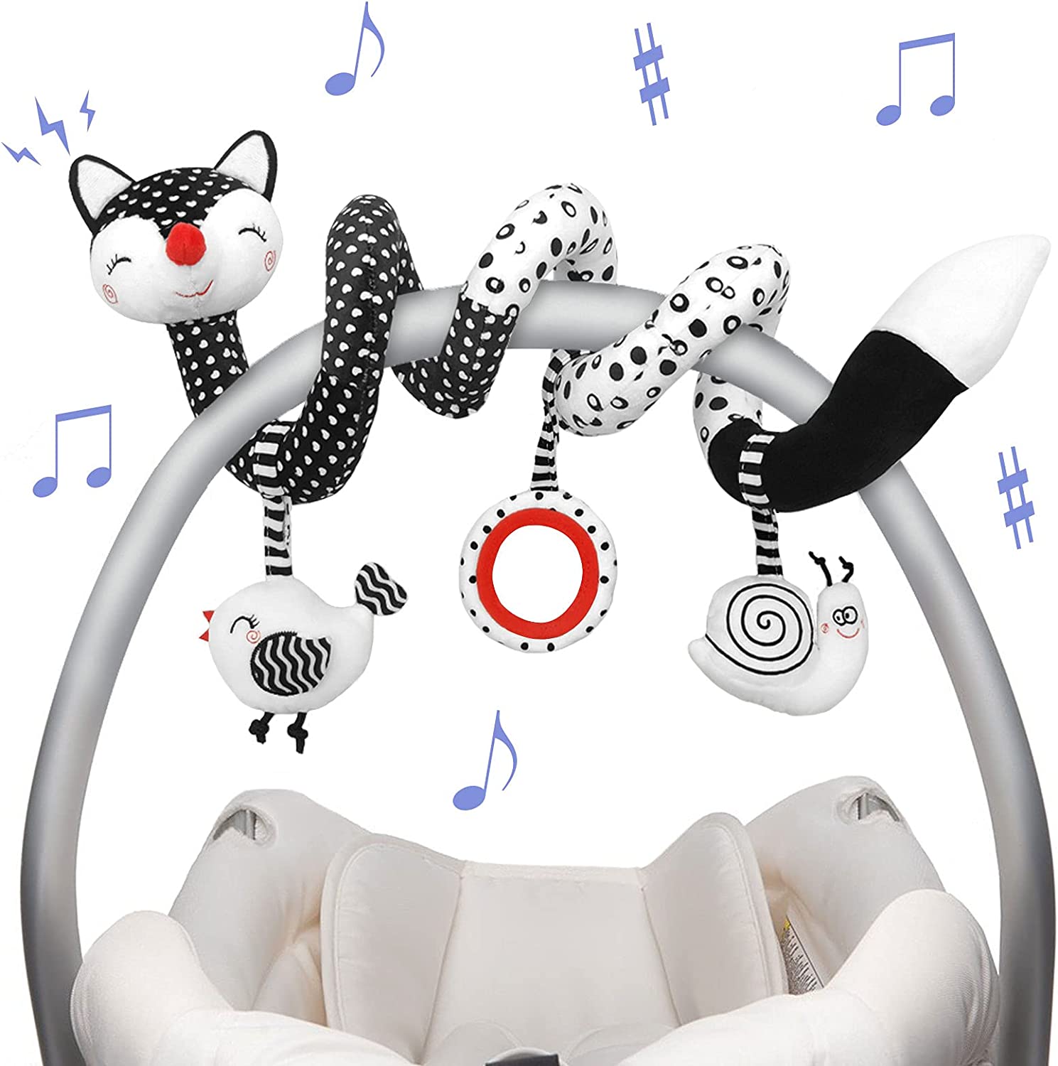 Euyecety Baby Spiral Plush Toys, Black White Stroller Toy Stretch & Spiral Activity Toy Car Seat Toys, Hanging Rattle Toys for Crib Mobile, Newborn Sensory Toy Best Gift for 0 3 6 9 12 Months Baby-Fox