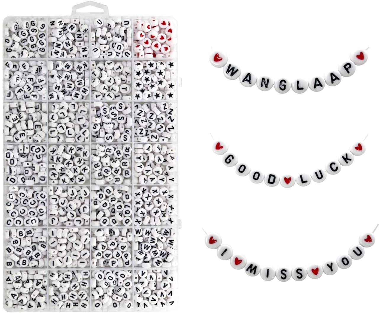 WangLaap 1450Pcs Acrylic 4x7mm Round Letter Beads Kits Alphabet Beads A-Z and Red Heart Black Star Beads for Bracelets Necklaces DIY Jewelry Making (White)