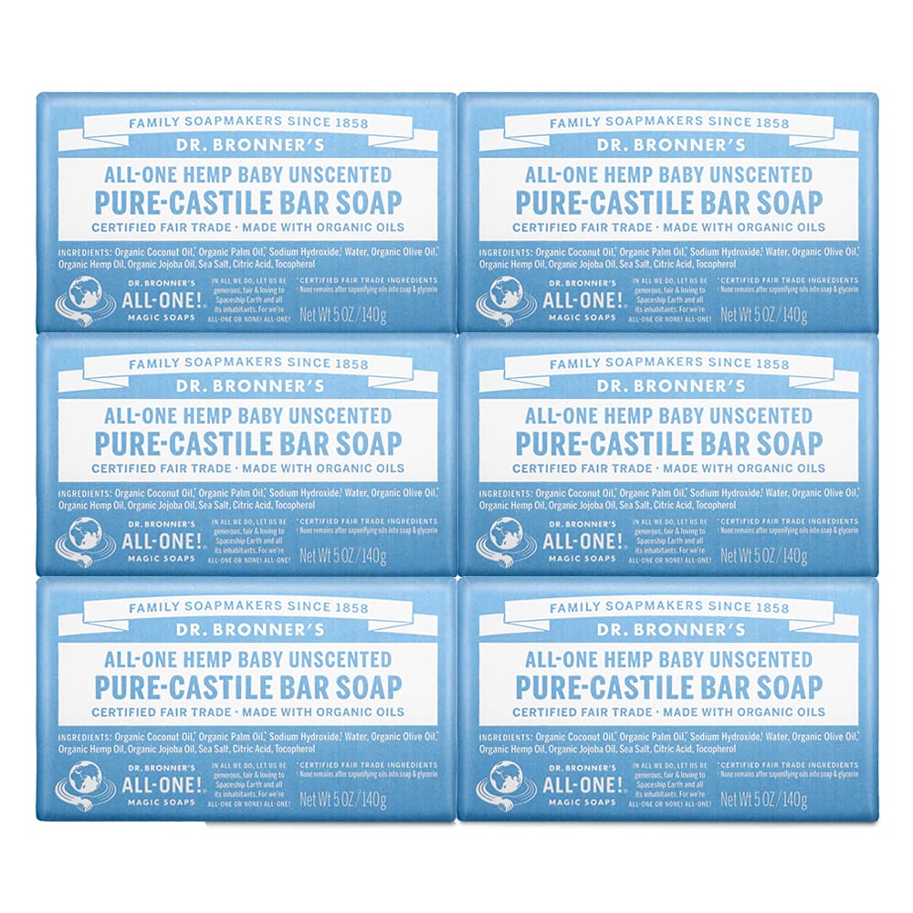 Dr. Bronner’s - Pure-Castile Bar Soap (Baby Unscented, 5 oz, 6-Pack) -Made with Organic Oils, For Face, Body & Hair, Gentle for Sensitive Skin & Babies, No Added Fragrance,Biodegradable,Vegan,Non-GMO