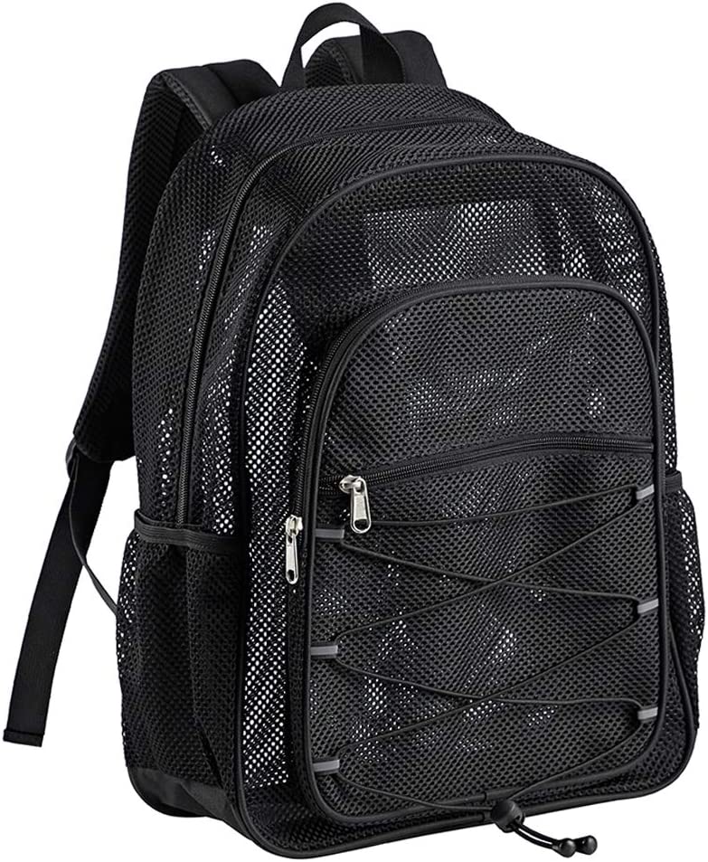 Heavy Duty Mesh Backpack, See Through College Student Backpack, Semi-transparent Mesh Bookbag with Bungee and Comfort Padded Straps for Commuting, Swimming, Beach, Outdoor Sports