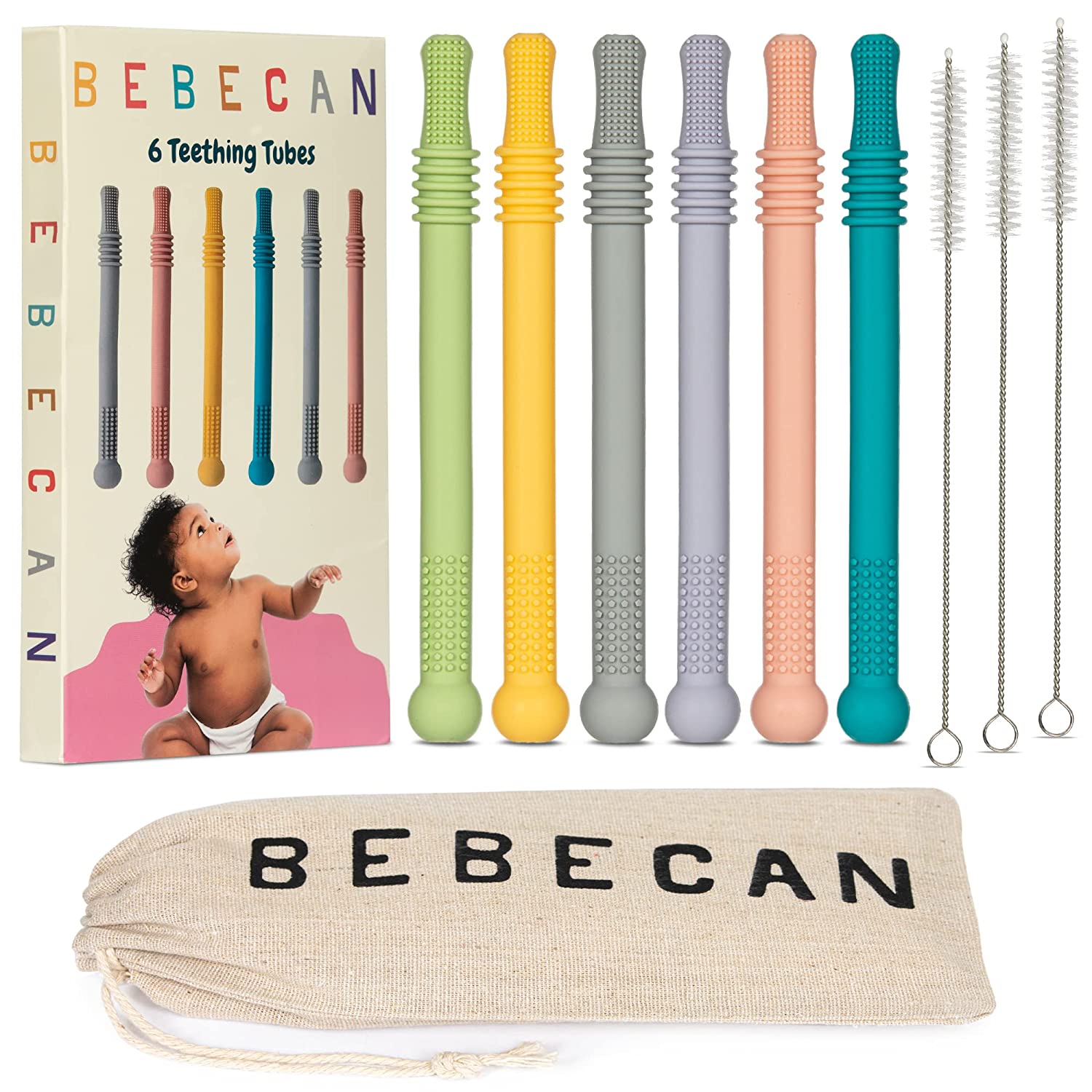 BEBECAN Teething Sticks for Babies - Infant Teething Relief in 6 Amazing Colors, Super Soft Silicone Hollow Teething Tubes, Drawstring Bag for Secure Storage - Quality Teethers for Babies 0-6 Months