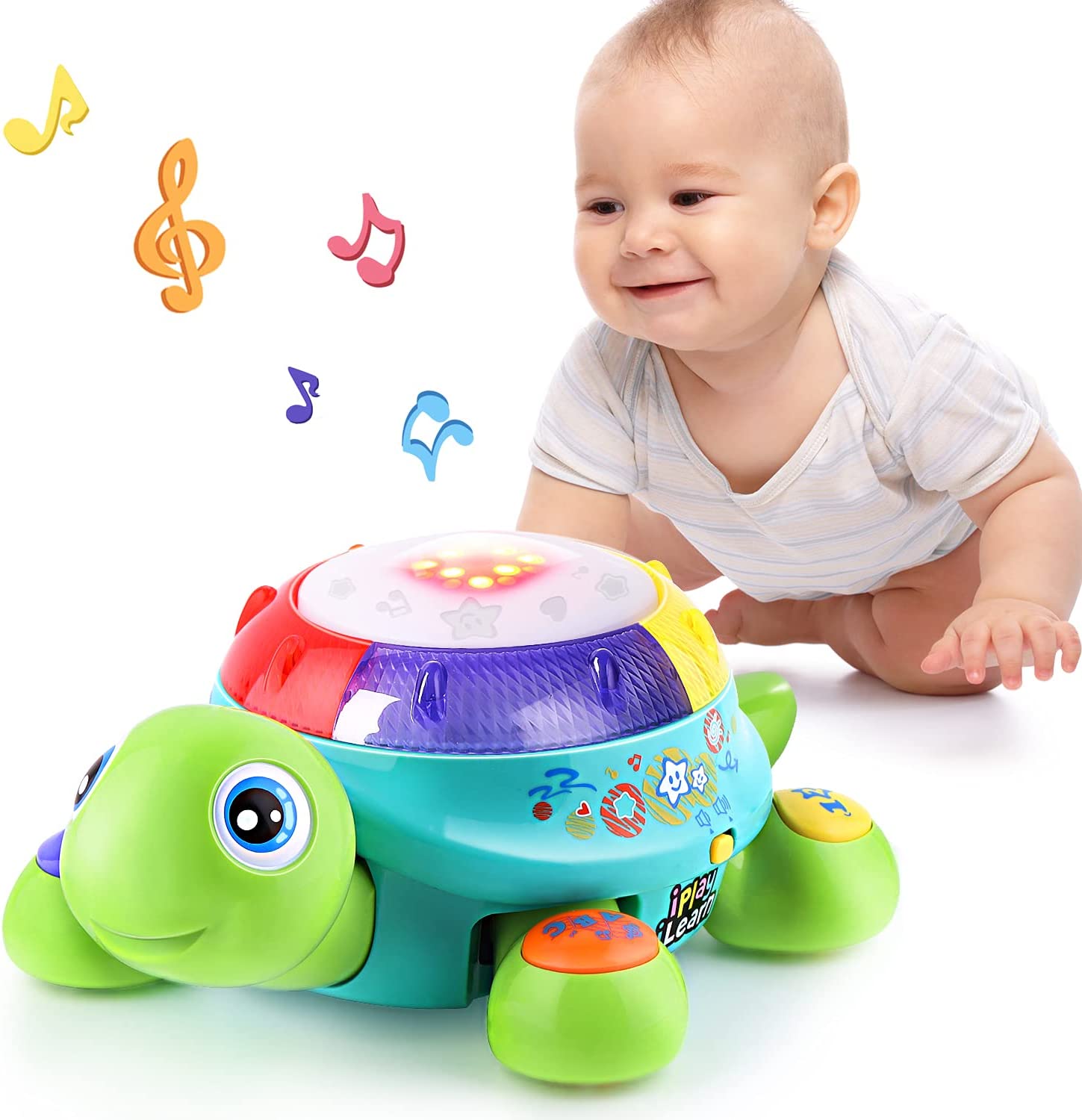 iPlay, iLearn Baby Musical Turtle Toy, Spanish English Bilingual Learning, Toddler Crawling Toys W/ Light & Sound, Infant Development Educational Birthday Gifts 6 7 8 9 10 12 Month 1 Year Old Boy Girl