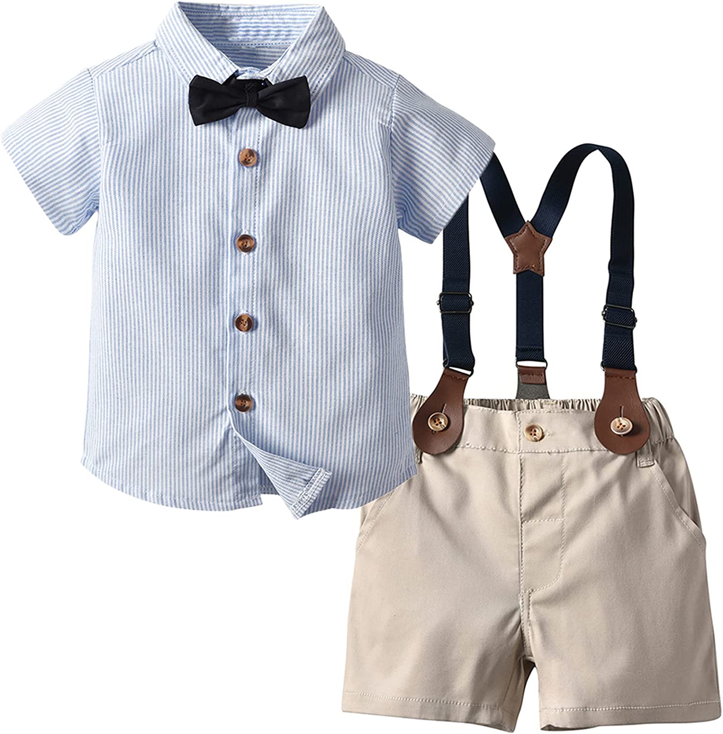 SANGTREE Baby Boys Gentleman Suit Clothes, Dress Shirt with Bowtie + Suspender Shorts