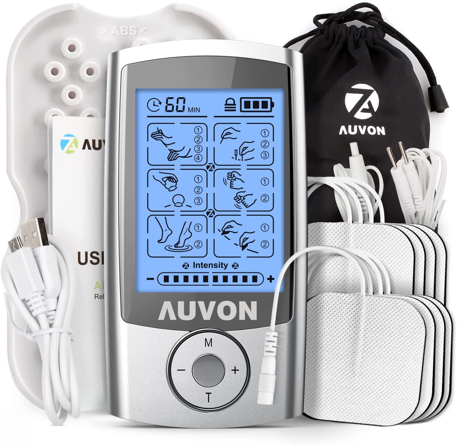 AUVON Rechargeable TENS Unit Muscle Stimulator, 16 Modes 4th Gen TENS Machine with 8pcs 2"x2" Premium Electrode Pads for Pain Relief