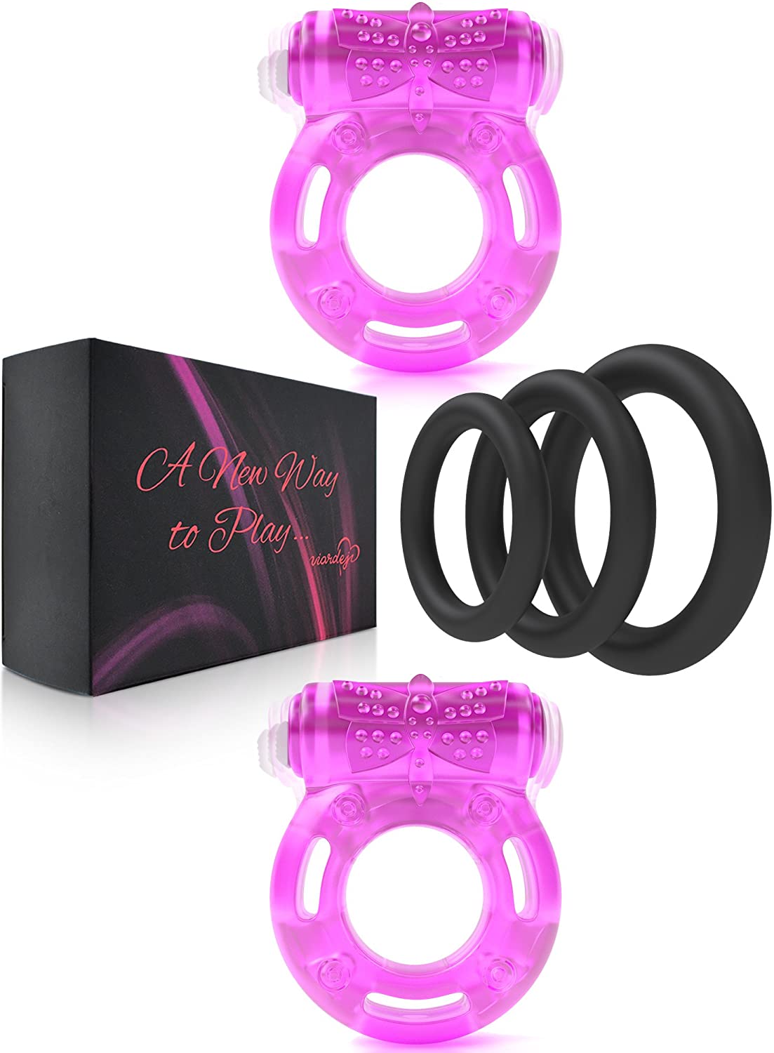 Cock Ring Set – 2 Vibrating Cock Rings w. Clit Stimulator & 3 Different Size Penis Ring – Erection Enhancing Sex Toy for Men and Couples