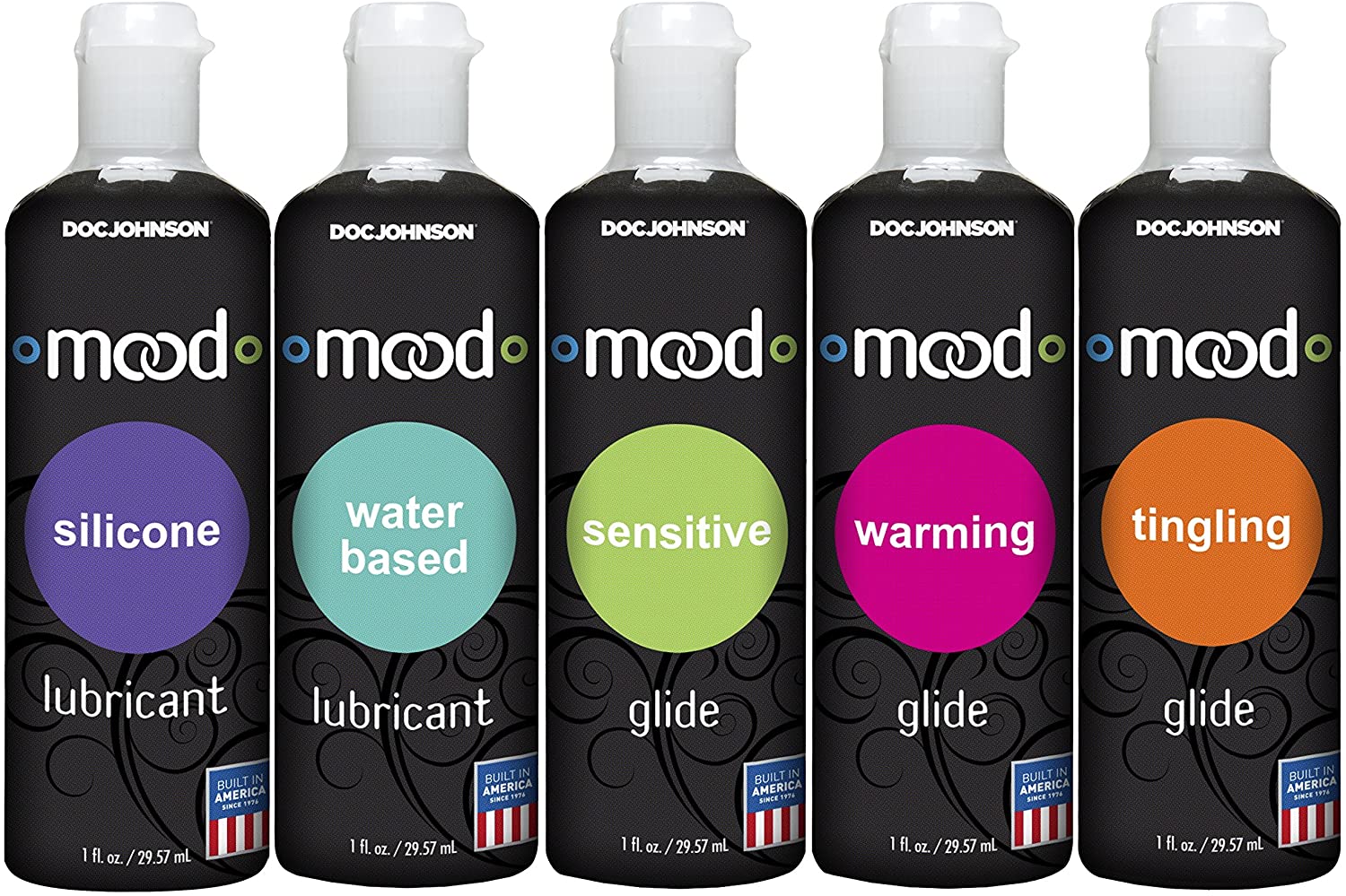 Doc Johnson Mood - Lube & Glide Sample Pack - Silicone Lube, Warming Glide, Tingling Glide, Water-Based Lube, Sensitive Glide - 5 x 1 fl.oz. (5 X 29.5 ml)