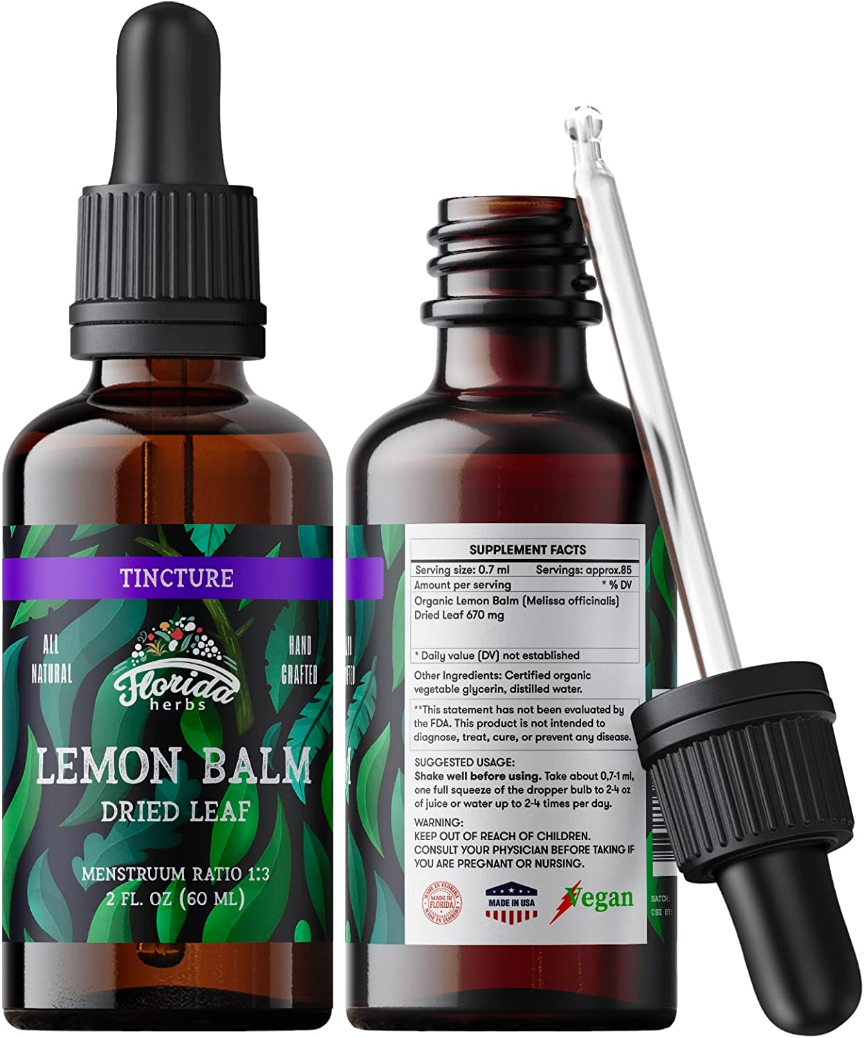FLORIDA HERBS Lemon Balm Tincture - Organic Lemons Drops - Dried Lemon Balm Made in USA - Non-GMO - Lemon Balm Extract 2 Fl. Oz