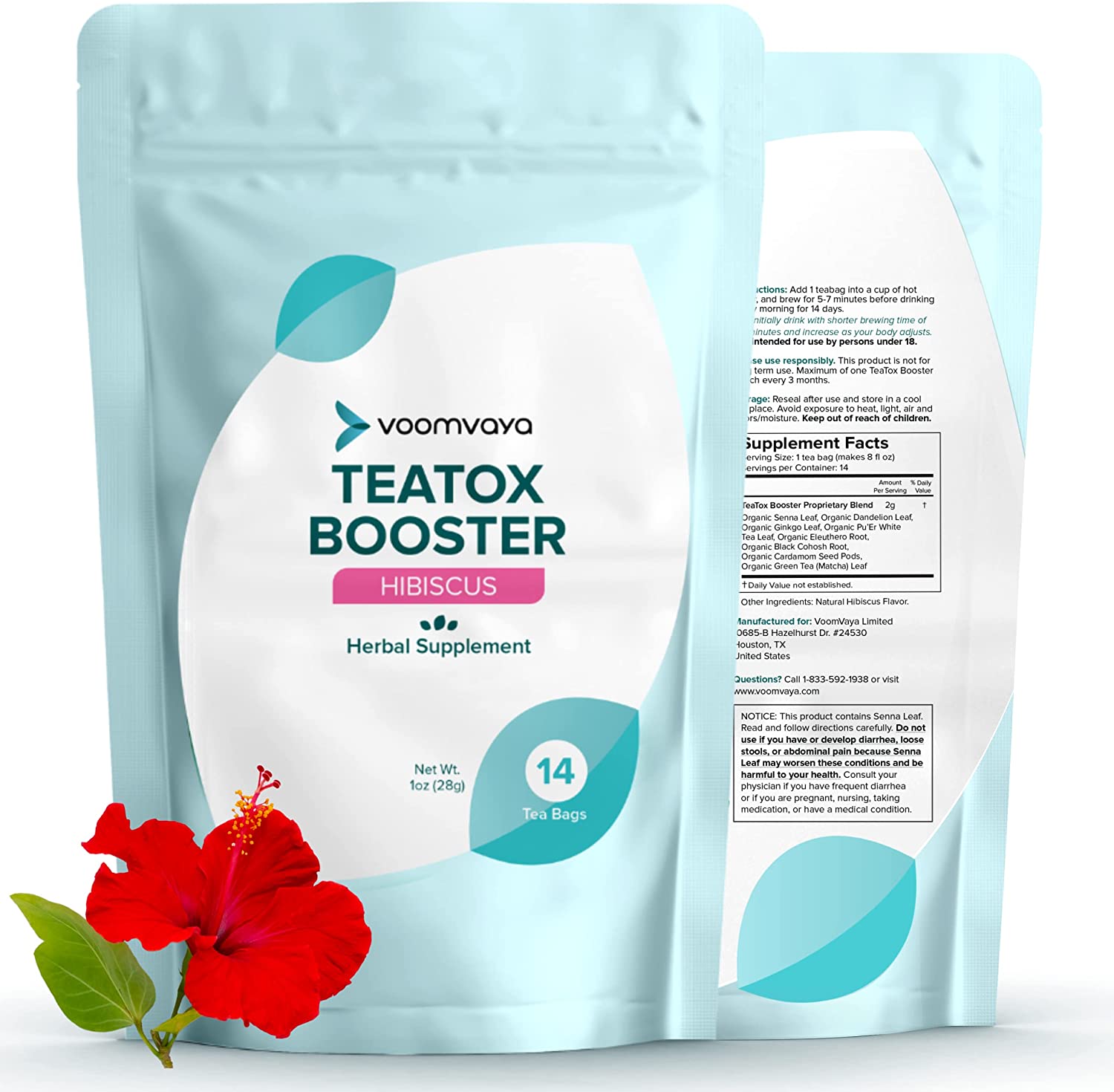 VoomVaya TeaTox Booster Detox Tea - 14-Day Herbal Detox Tea for Menopausal Women with Senna Leaf, Dandelion, Cardamom, Matcha - Healthy Metabolism & Balance Hormone - Hibiscus Flavor 14 Tea Bags