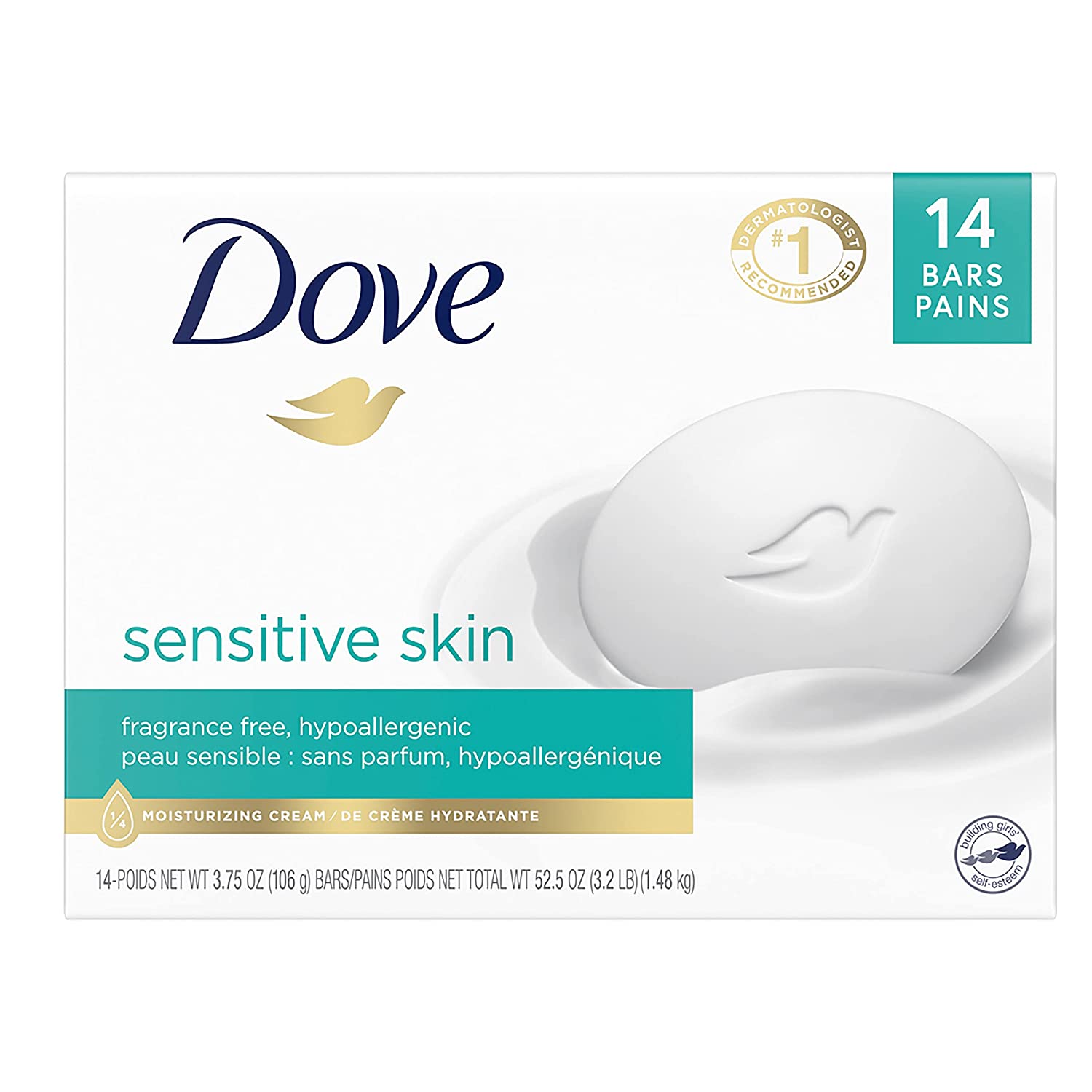 Dove Beauty Bar More Moisturizing Than Bar Soap for Softer Skin, Fragrance-Free, Hypoallergenic Beauty Bar Sensitive Skin With Gentle Cleanser 3.75 Ounce (Pack of 14)