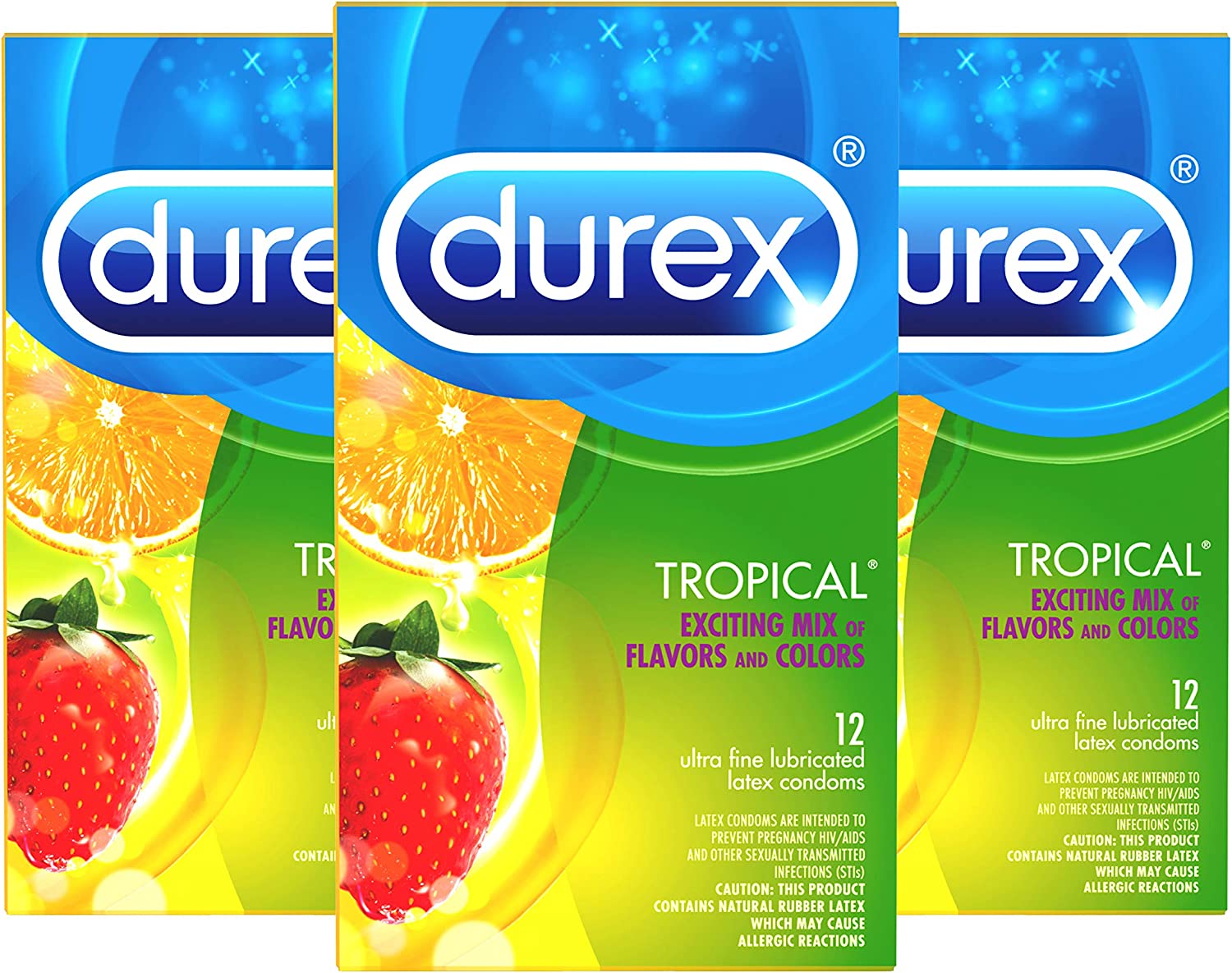 Durex Tropical Condoms, Natural Rubber Latex Condoms for Men, FSA & HSA Eligible, Exciting Flavors, 12 Count (Pack of 3)