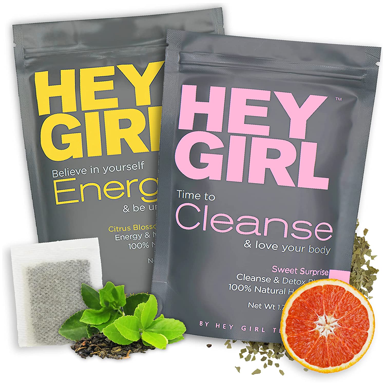 Hey Girl Detox + Energy Tea Bundle - Cleanse Herbal Tea Reduces Bloating & Helps Your Body Stay Regular Plus Energize and Vitality Booster Tea for Women - Will Increase Energy